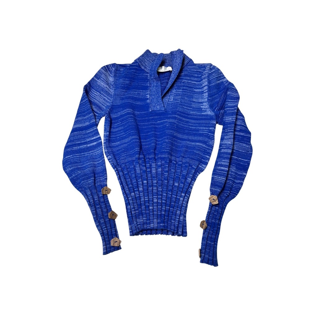Hosbjerg Lania Knit Turtleneck Blue Space Dye Ribbed Corset Sweater Womens M